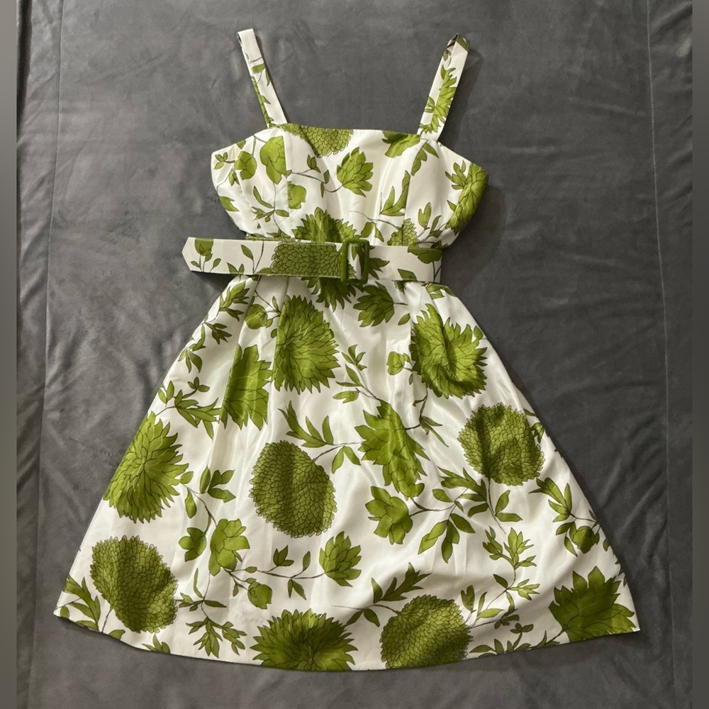 Jessica Howard Cream White and Green Floral Flower Spagetti strap Dress w/belt